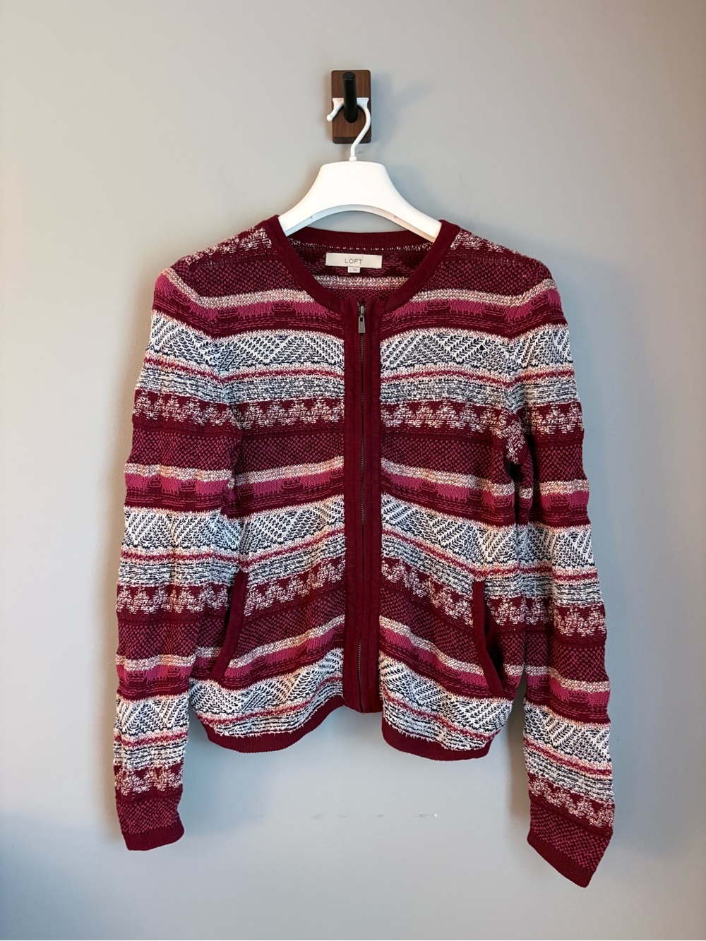 LOFT Red Burgundy Striped Full Zip Knit Sweater Jacket Womens Large Cotton Blend